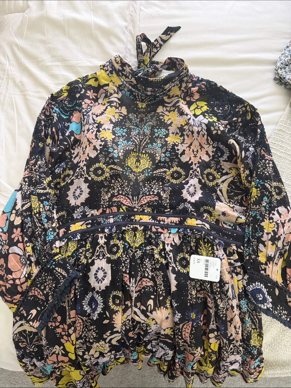 Free People Black Floral Tie-Neck Mini Dress with Pastel Accents